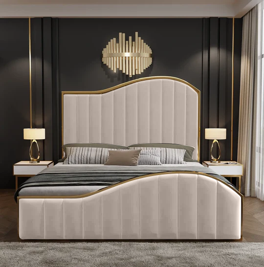 Elegant Luxury King Size Bedframe in Beige with Gas Lift Storage Velvet Fabric Golden Trim