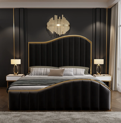 Queen Size Black Velvet Fabric Golden Metal Storage Elegant Luxury Bedframe