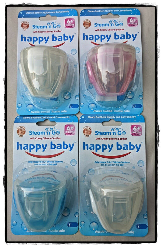 25 x 4 Pack (100 Pieces) -Wholesale Resell Retail  Happy Baby Steam n Go Cherry Silicone Soother