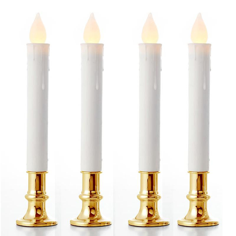 50 Pack Taper Stick White Battery Candle - Natural Flame Light Colour No Flicker - Gold Stand Base