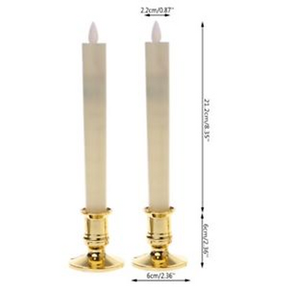 50 Pack Taper Stick White Battery Candle - Natural Flame Light Colour No Flicker - Gold Stand Base