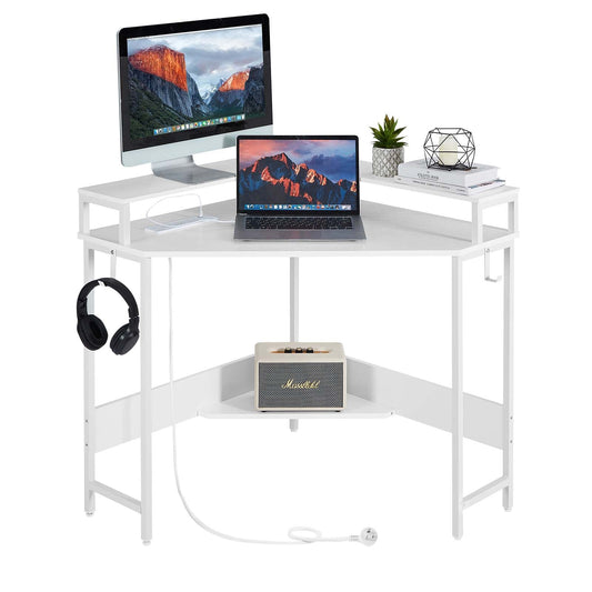 Casadiso L-Shaped Corner Desk with Built-In Power Board, White Gaming Desk with Charging Station (Casadiso Albali Pro)