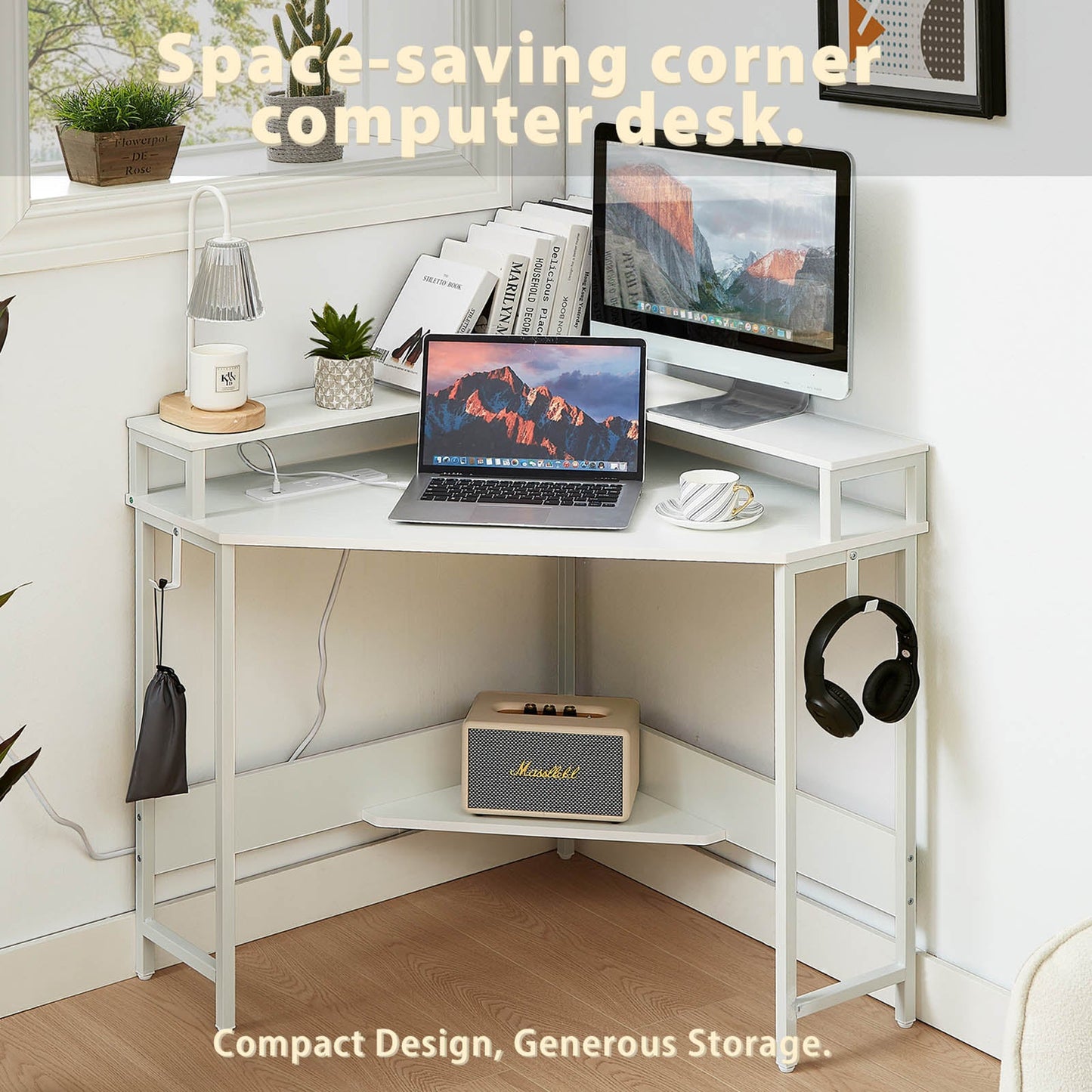 Casadiso L-Shaped Corner Desk with Built-In Power Board, White Gaming Desk with Charging Station (Casadiso Albali Pro)