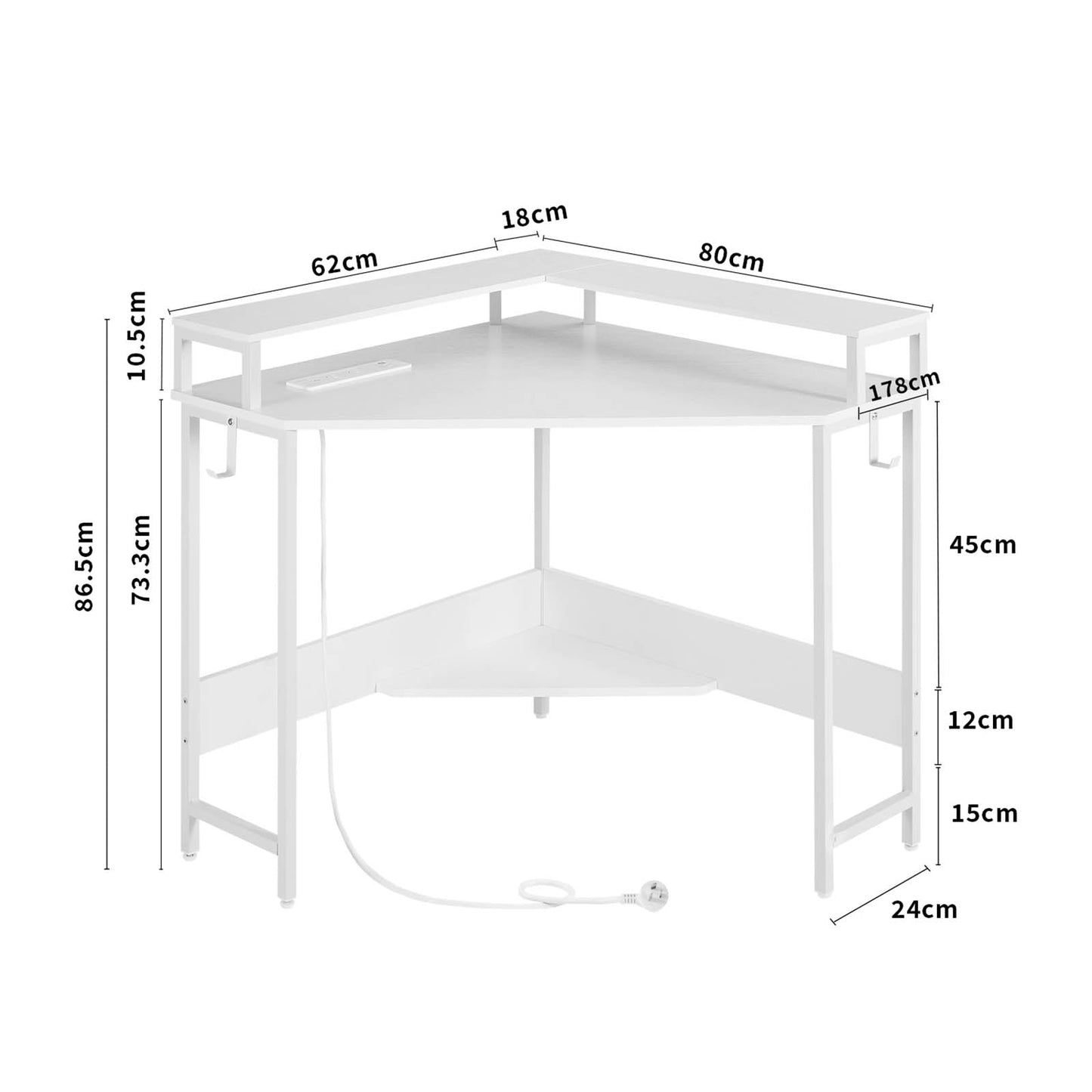 Casadiso L-Shaped Corner Desk with Built-In Power Board, White Gaming Desk with Charging Station (Casadiso Albali Pro)