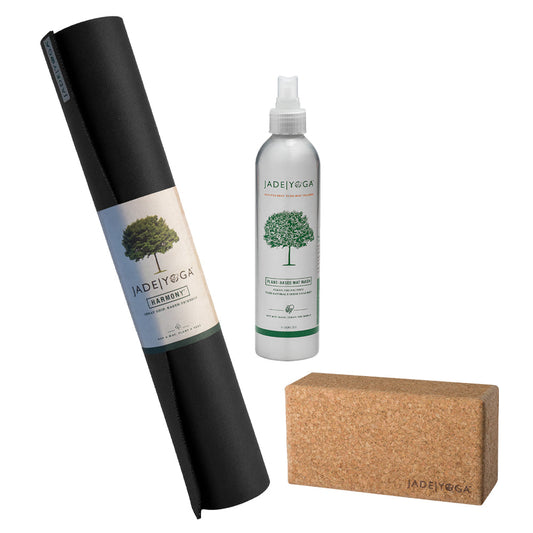 Jade Yoga Harmony Mat- Black & Jade Yoga Cork Yoga Block - Small + Jade Yoga Plant Based Mat Wash - 8 oz Starter Kit