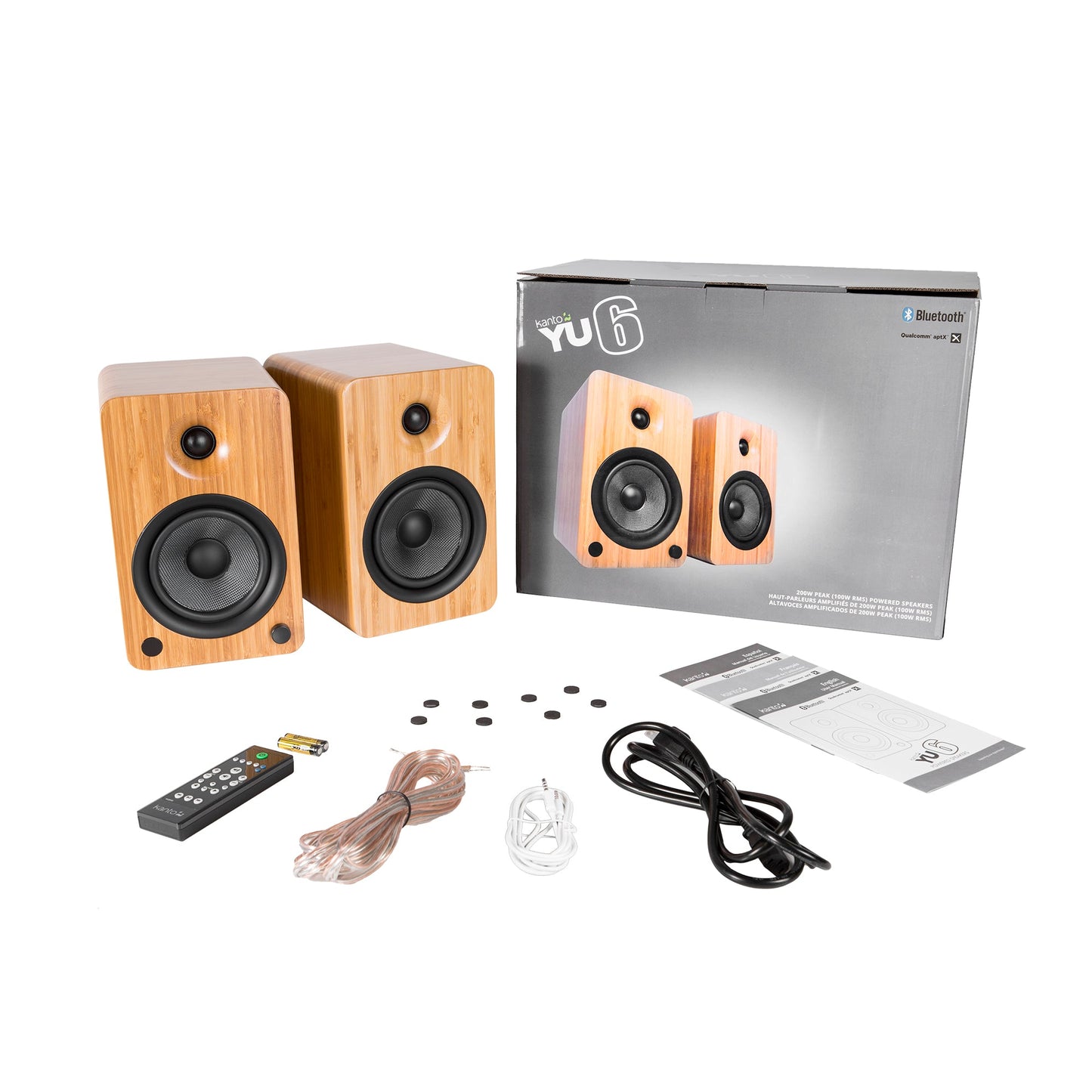 Kanto YU6 200W Powered Bookshelf Speakers with Bluetooth® and Phono Preamp - Pair, Bamboo with S6 Black Stand Bundle