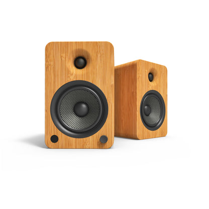 Kanto YU6 200W Powered Bookshelf Speakers with Bluetooth® and Phono Preamp - Pair, Bamboo with SE6 Black Stand Bundle