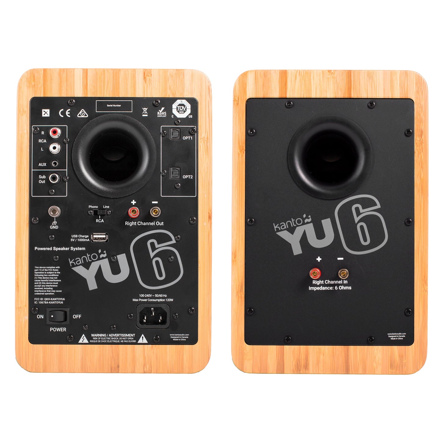 Kanto YU6 200W Powered Bookshelf Speakers with Bluetooth® and Phono Preamp - Pair, Bamboo with SX26 Black Stand Bundle