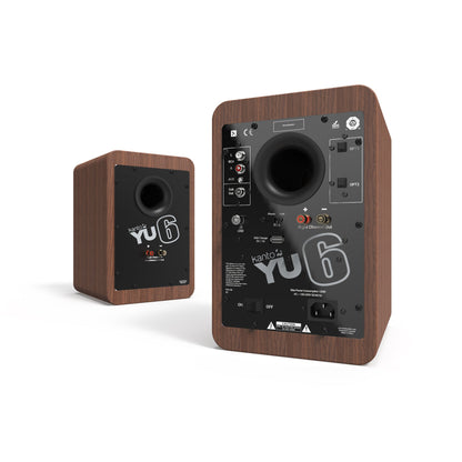 Kanto YU6 200W Powered Bookshelf Speakers with Bluetooth® and Phono Preamp - Pair, Walnut with SE6 Black Stand Bundle