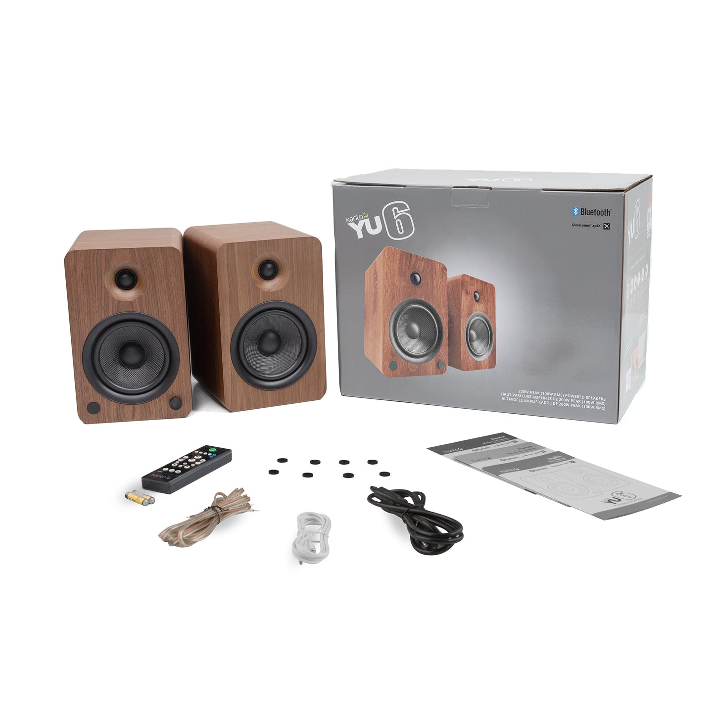 Kanto YU6 200W Powered Bookshelf Speakers with Bluetooth® and Phono Preamp - Pair, Walnut with SE6 Black Stand Bundle