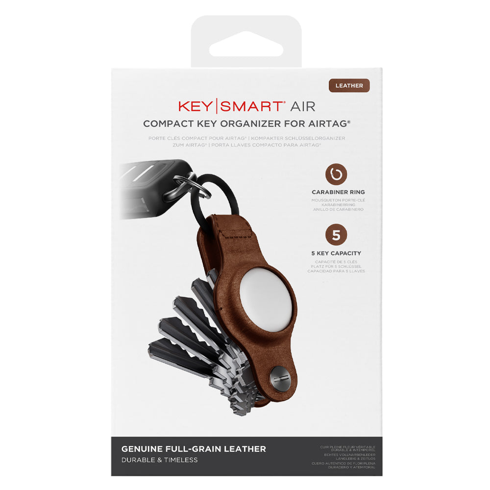 KeySmart Air - Compact Leather Key Holder and Case for Apple Airtag - Brown