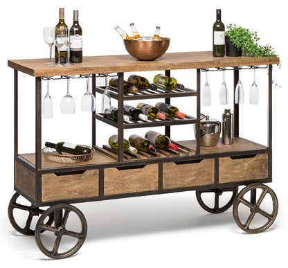 Industrial Style Wooden Bar Cart Drinks Trolley Station with Wine Bottle Rack