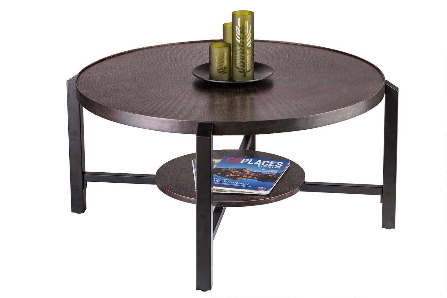 Black Round Coffee Table with Storage Shelf in Copper Finish Top