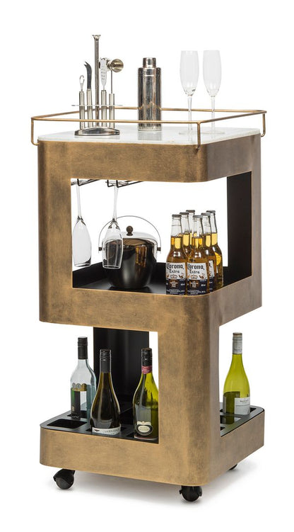 Contemporary French Brass Drinks Trolley Bar Cart with White Marble Top