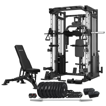 CORTEX SM-25 6-In-1 Power Rack with Smith & Cable Machine + BN-9 Bench + Ultimate Olympic Bumper Weight Plate & Barbell Package