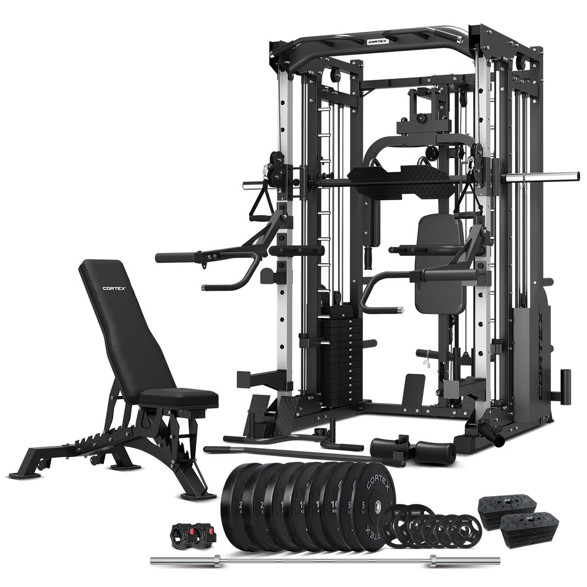 CORTEX SM-25 6-In-1 Power Rack with Smith & Cable Machine + Jammer Arms + Chest Fly Attachment + 23kg Weights Add On + BN-9 Bench + Ultimate Olympic Bumper Weight Plate & Barbell Package