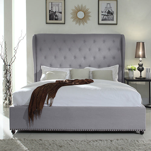 Bed Frame Queen Size in Grey Fabric Upholstered French Provincial High Bedhead