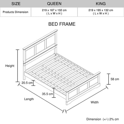 Queen Bed Frame in Solid Wood with Slats Support in White colour