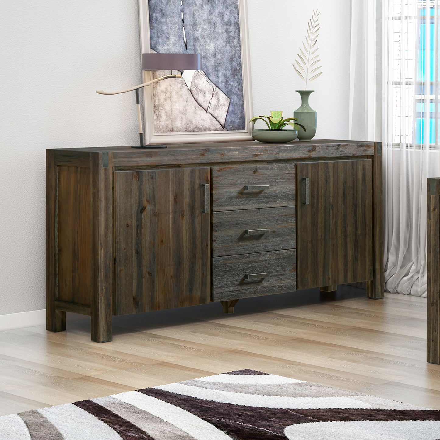 Buffet Sideboard in Chocolate Colour Constructed with Solid Acacia Wooden Frame Storage Cabinet with Drawers