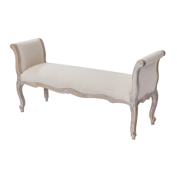 Oak Wood Linen Fabric Beige White Washed Finish Bench Chair