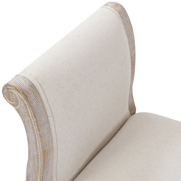 Oak Wood Linen Fabric Beige White Washed Finish Bench Chair