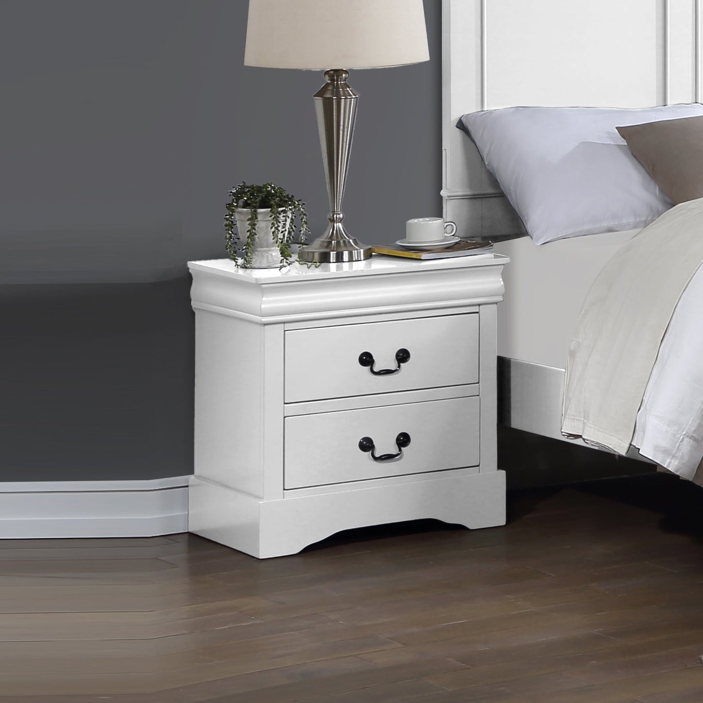 Bedside Table White Colour With 2 Drawers Night Stand Solid Wood Metal Handles