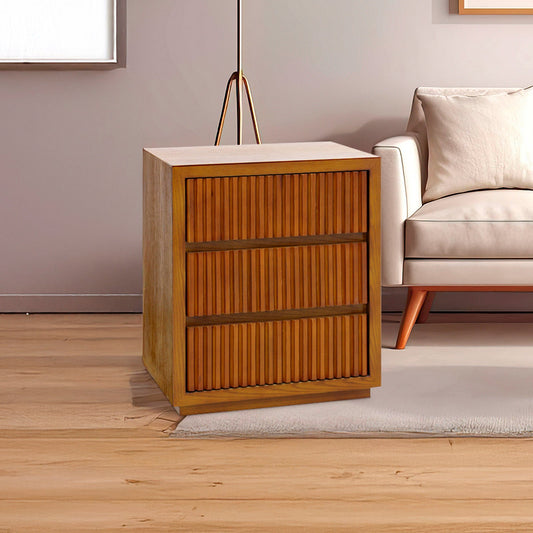 Bedside Table MDF Brown Colour Waveform Design Three Drawers