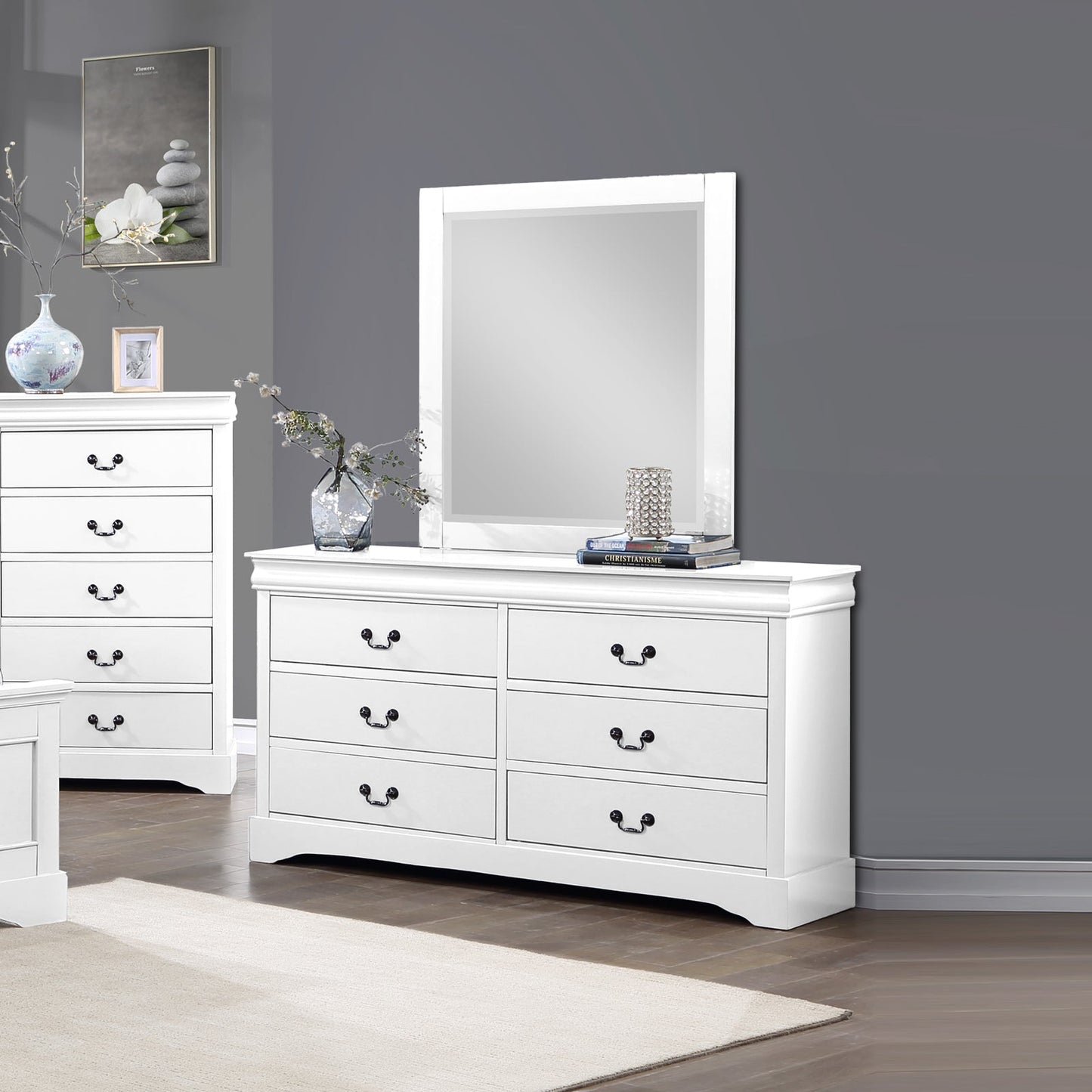 Dressing Chest with 6 Storage Drawers in Solid Wooden Mirror Metal Handles White Colour