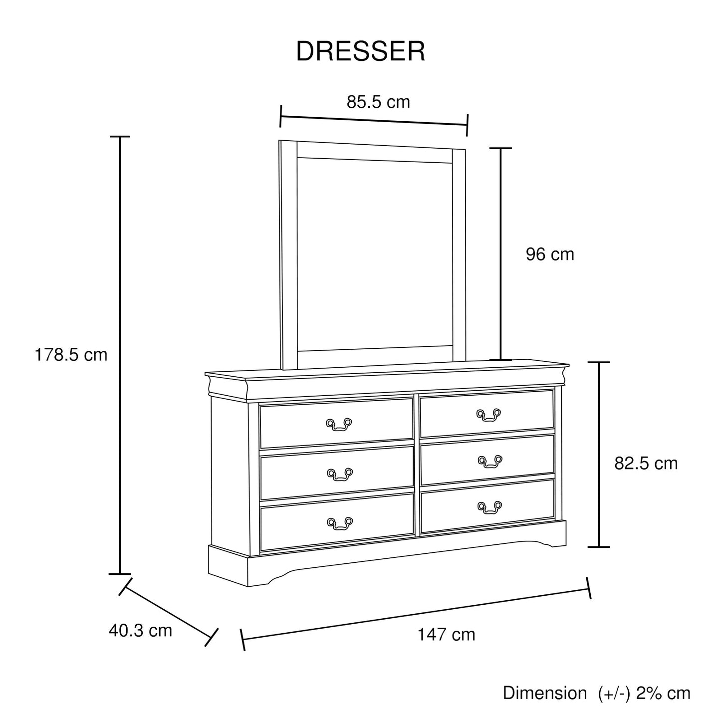 Dressing Chest with 6 Storage Drawers in Solid Wooden Mirror Metal Handles White Colour