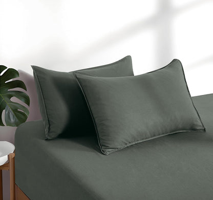 100% Vintage Washed Microfibre Fitted Sheet Set – Ultra Soft & Lightweight All-Season Fitted Sheet with 1 Pillowcase (Khaki Green, Single Size)