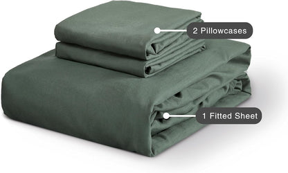 100% Vintage Washed Microfibre Fitted Sheet Set – Ultra Soft & Lightweight All-Season Fitted Sheet with 1 Pillowcase (Khaki Green, Single Size)