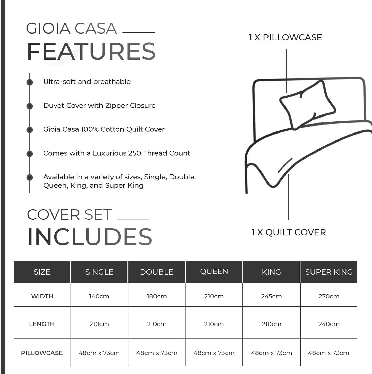 Gioia Casa 100% Cotton Vintage Washed Bed Quilt Cover Set (2Pcs) - Charcoal - Single