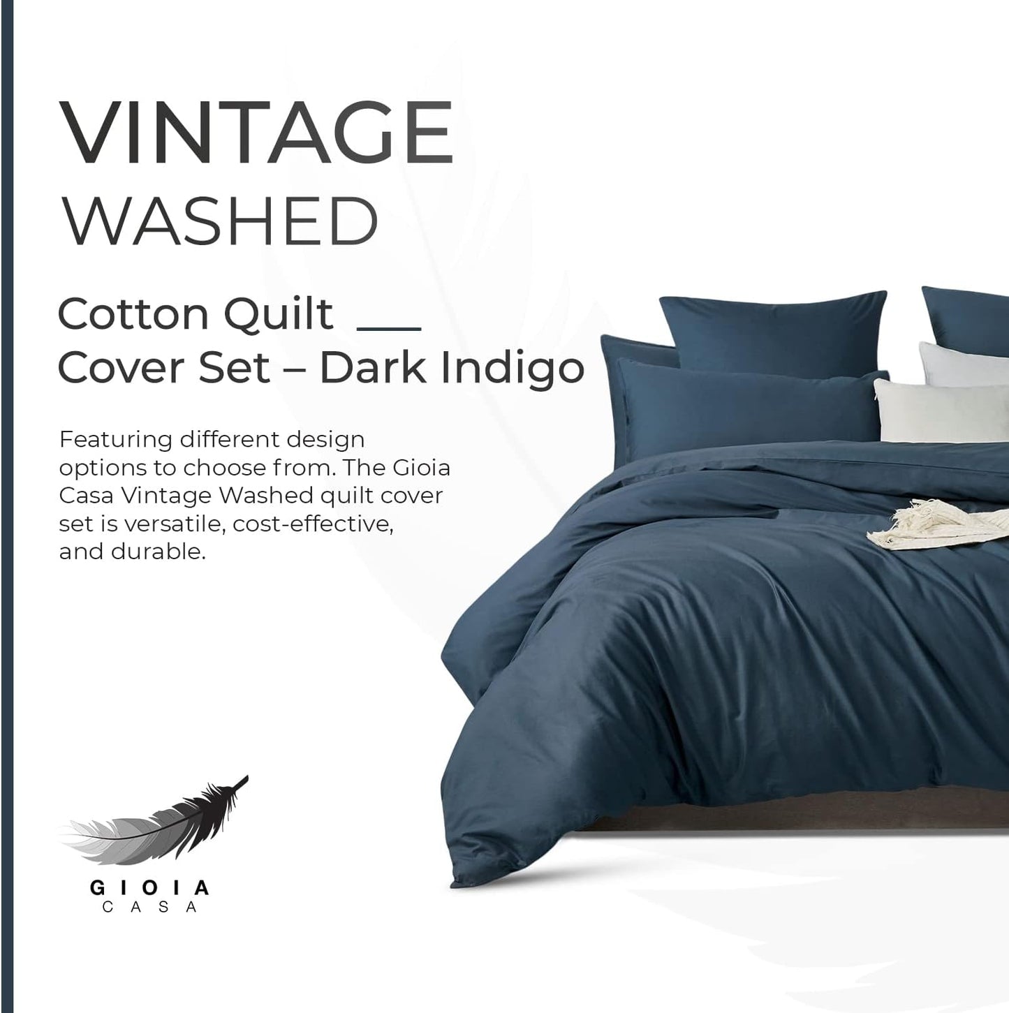 Gioia Casa 100% (2Pcs) Cotton Vintage Washed Bed Quilt Cover Set - Dark Indigo - Single