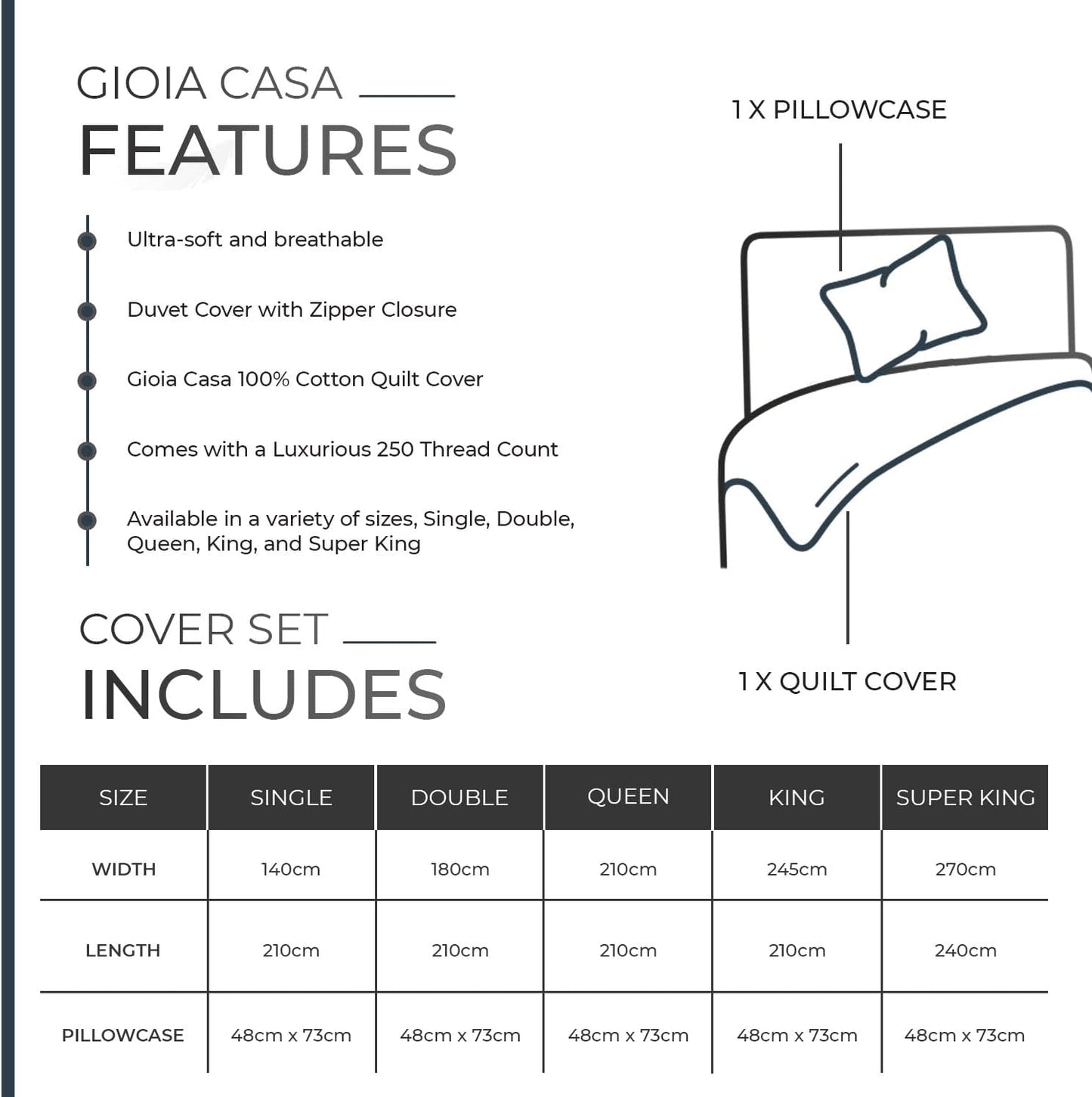 Gioia Casa 100% (2Pcs) Cotton Vintage Washed Bed Quilt Cover Set - Dark Indigo - Single