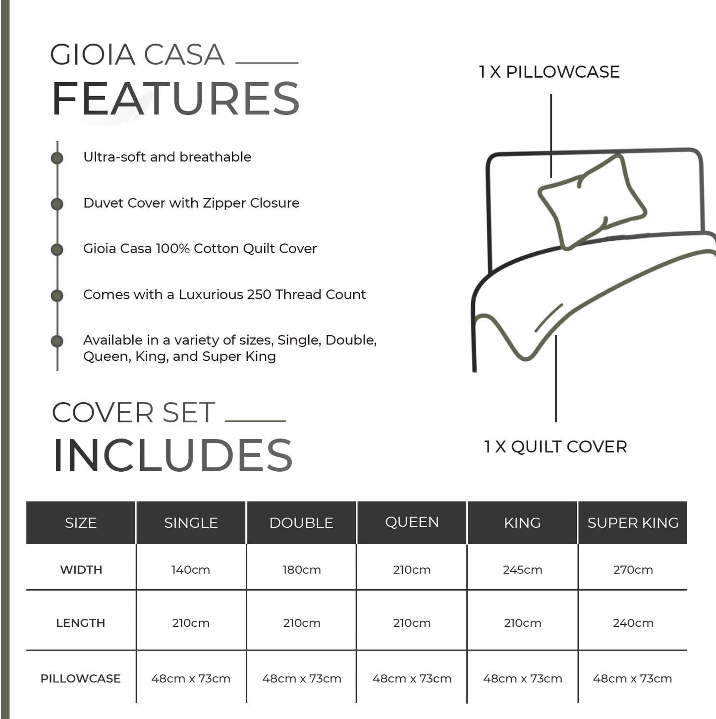 Gioia Casa 100% Cotton Vintage Washed Bed Quilt Cover Set (2Pcs) - Khaki Green - Single