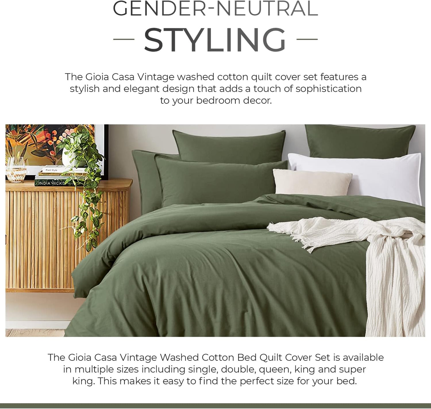 Gioia Casa 100% Cotton Vintage Washed Bed Quilt Cover Set (2Pcs) - Khaki Green - Single