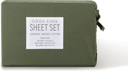 Gioia Casa Vintage Washed 100% Cotton Sheet Set with 1 Pillowcases - Khaki Green - Single