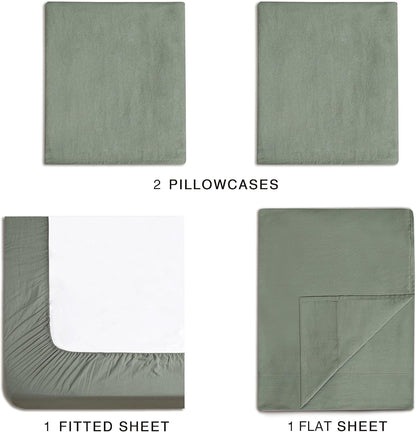 CleverPolly Vintage Washed Microfibre Sheet Set with 1 Pillowcase - Khaki Green - Single