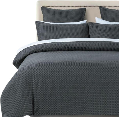 CleverPolly 100% Premium Waffle Microfibre Quilt Cover Set (3Pcs) - Dark Grey - Double