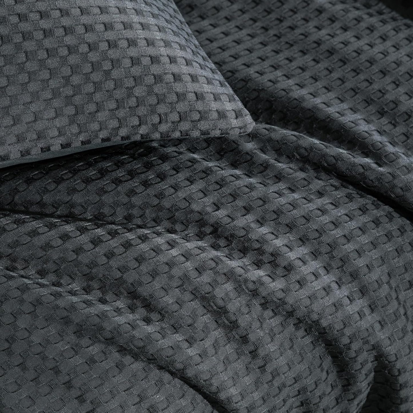 CleverPolly 100% Premium Waffle Microfibre Quilt Cover Set (3Pcs) - Dark Grey - Double