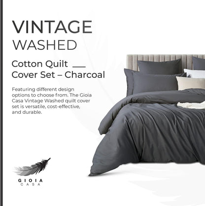Gioia Casa 100% Cotton Vintage Washed Bed Quilt Cover Set (3Pcs) - Charcoal - Double Size