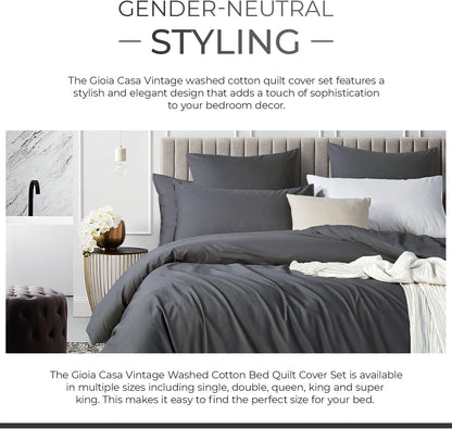 Gioia Casa 100% Cotton Vintage Washed Bed Quilt Cover Set (3Pcs) - Charcoal - Double Size
