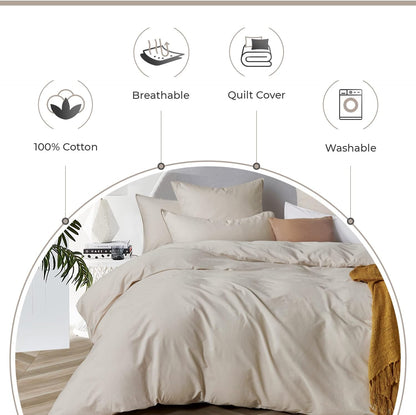 Gioia Casa 100% Cotton Vintage Washed Bed Quilt Cover Set (3Pcs) - Natural - Double Size