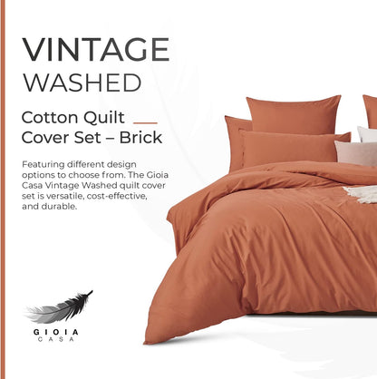 Gioia Casa 100% Cotton Vintage Washed Bed Quilt Cover Set (3Pcs) - Brick - Queen Size