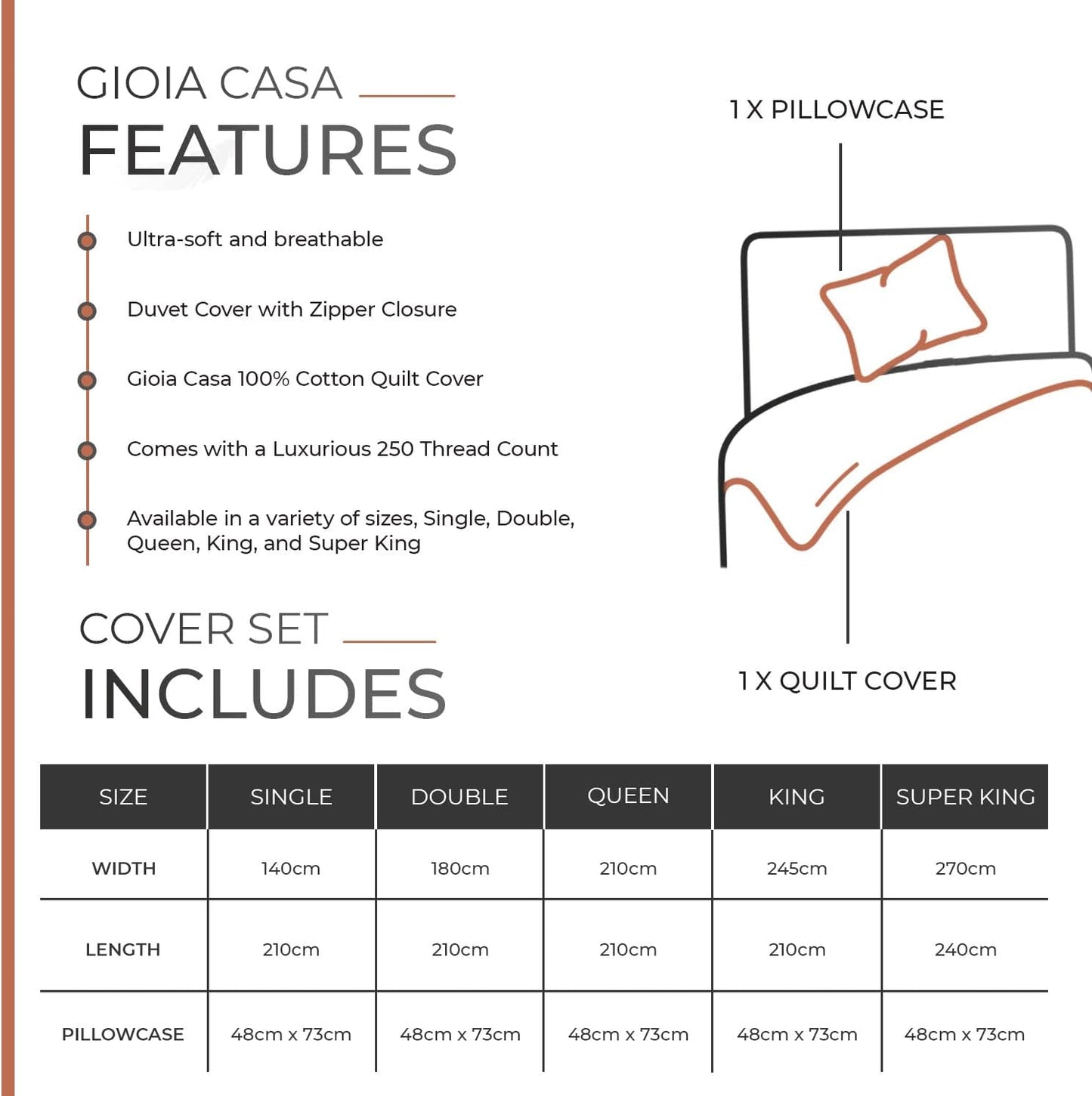 Gioia Casa 100% Cotton Vintage Washed Bed Quilt Cover Set (3Pcs) - Brick - Queen Size