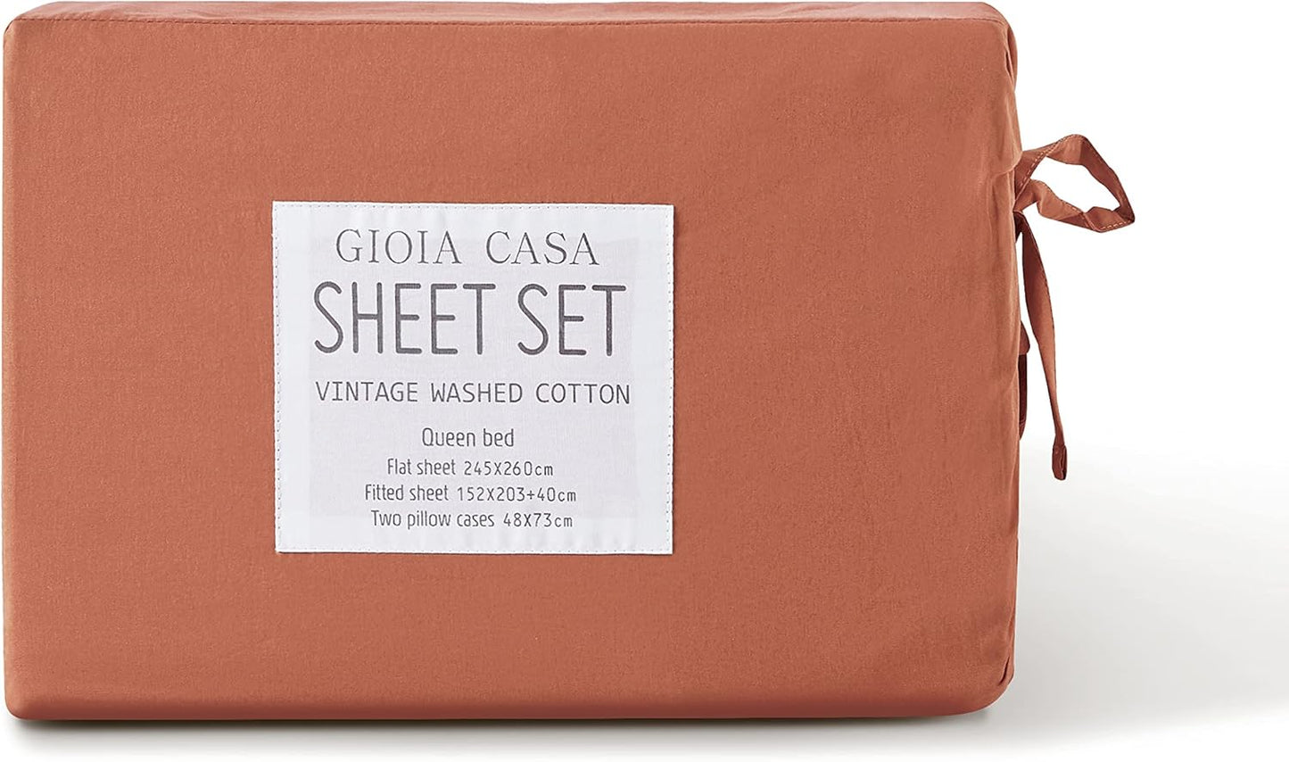 Gioia Casa Vintage Washed 100% Cotton Sheet Set with 2 Pillowcases - Brick - King Size