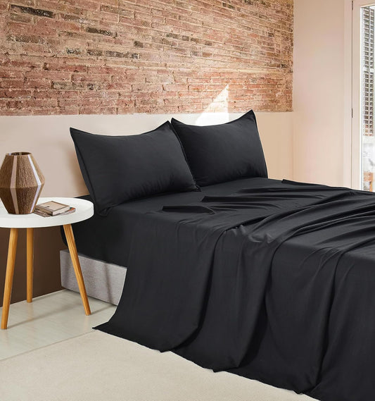 CleverPolly Vintage Washed Microfibre Sheet Set with 1 Pillowcase - Black - King Single