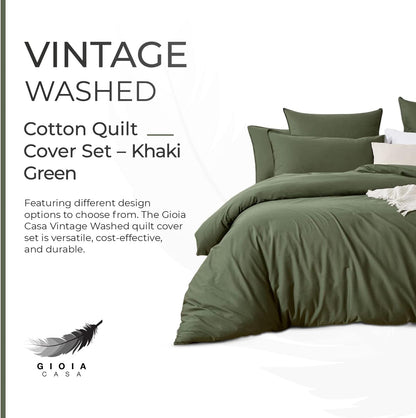 Gioia Casa 100% (3Pcs) Cotton Vintage Washed Bed Quilt Cover Set - Khaki Green - Super King Size