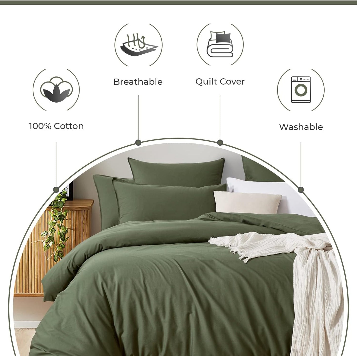 Gioia Casa 100% (3Pcs) Cotton Vintage Washed Bed Quilt Cover Set - Khaki Green - Super King Size