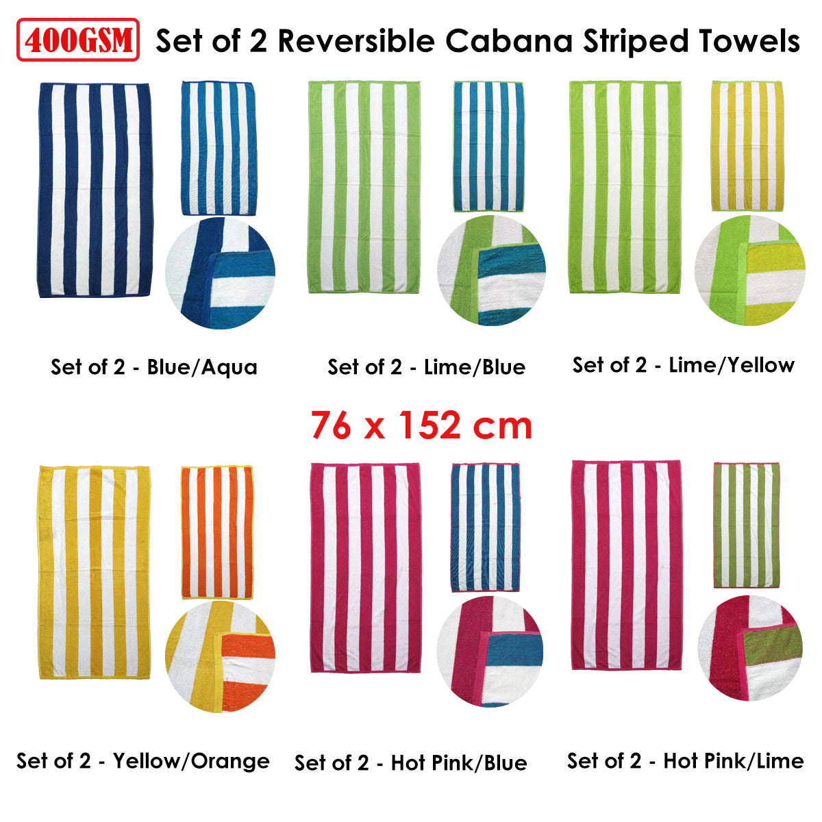 Set of 2 Reversible Cabana Striped Towels Lime/Blue